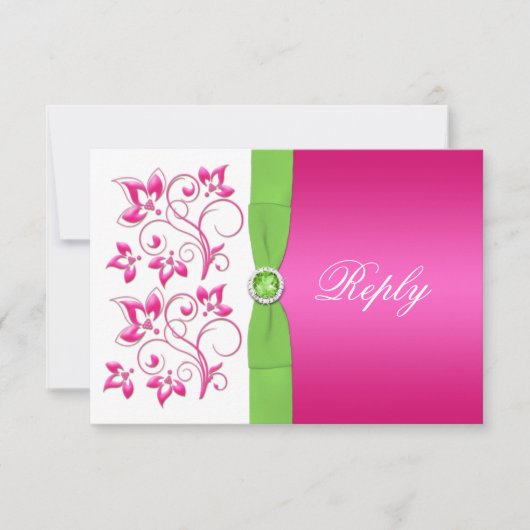 Roze groene witte bloemen antwoordkaart -GEDRUKT L RSVP Kaartje (Voorkant)