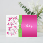 Roze groene witte bloemen antwoordkaart -GEDRUKT L RSVP Kaartje (Staand voorkant)
