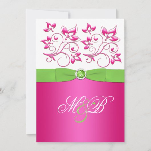 Roze, groene, witte Floral Monogram Uitnodiging (Voorkant)
