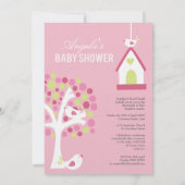 Roze Groene Witte Vogels & Boom Baby shower Uitnod Kaart (Achterkant)