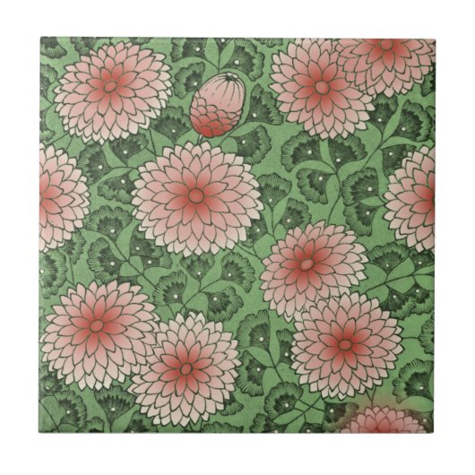Roze groene Wm Morris Style Chrysanthemum Repro Tegeltje (Voorkant)