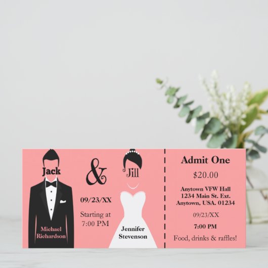 Roze Groom en Bride Jack en Jill Shower Ticket (Staand voorkant)