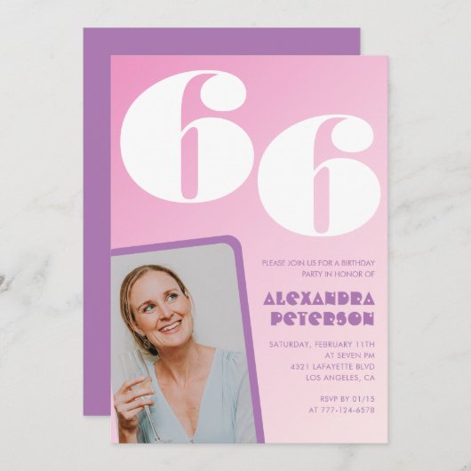 Roze Groovy 66e verjaardag uitnodigingen Retro Fot (Voorkant / Achterkant)