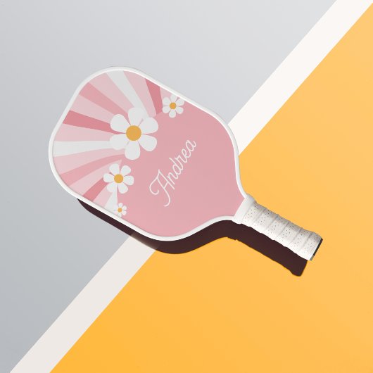 Roze Groovy Daisy Retro 70's Voeg je aangepaste na Pickleball Paddle