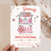 Roze Groovy One Retro 1e Verjaardag Uitnodiging
