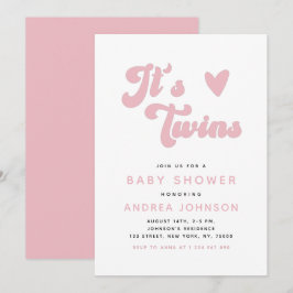 Roze Groovy Retro Girl Twins Minimale Baby shower Kaart