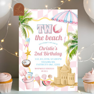 Roze Groovy Two het strand 2e verjaardagsfeest Kaart