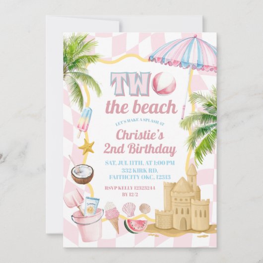 Roze Groovy Two het strand 2e verjaardagsfeest Kaart (Voorkant)