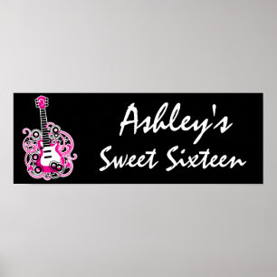 Roze Guitar Rock Star Sweet 16 Banner Poster
