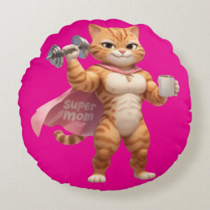 Roze Gym Cat Ronde Kussen – Cute Fitness Decor