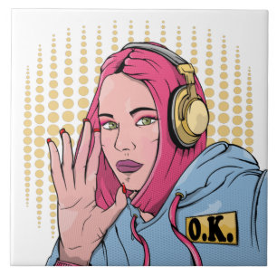 Roze haar Comic Book Style Girl Tegeltje