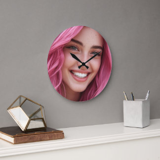 Roze Haar Lachende Vrouw Portret Wandklok Grote Klok