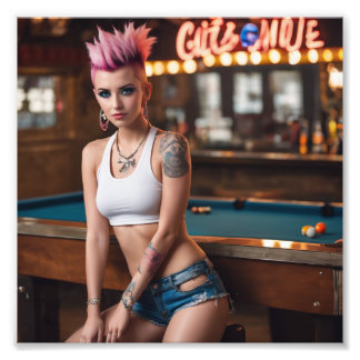 Roze Haar Tattoo Punk Zwembad Bar Meisje in gesche Foto Afdruk