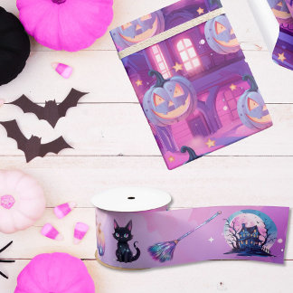 Roze halloween bewitched thema kat pompoenen bezem lint