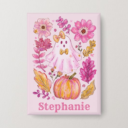 Roze Halloween-geest met eigen naam Button (Voorkant)