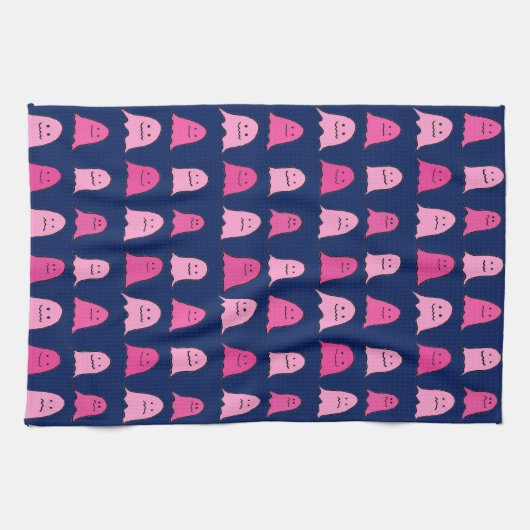 Roze Halloween Ghosts op Donkerblauw Theedoek (Horizontaal)