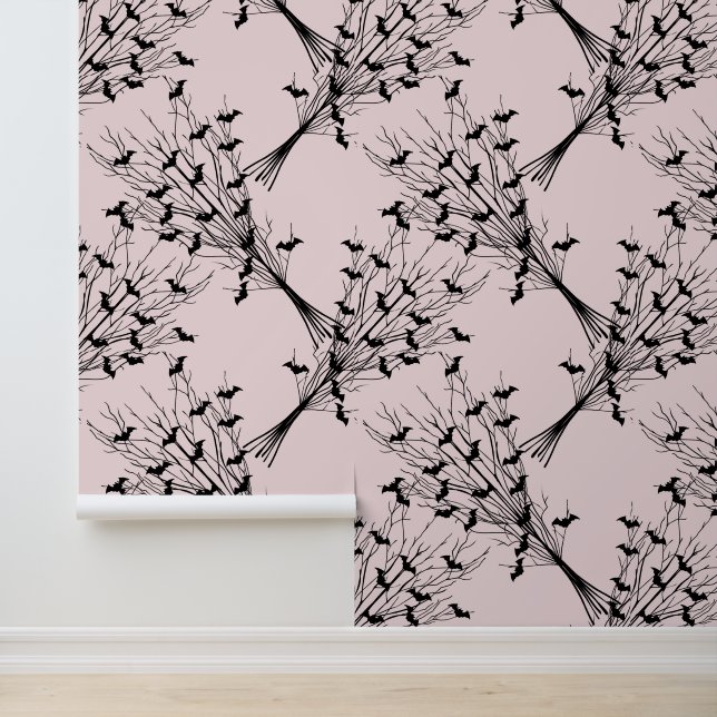 Roze Halloween Gothic Bat Spooky Branches Behang (Applicatie)