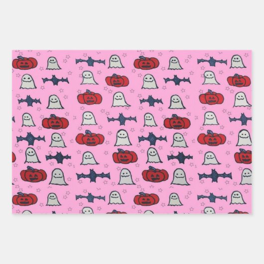 Roze Halloween-hosts, -vleermuizen en -jager op la Inpakpapier Vel (Voorkant)