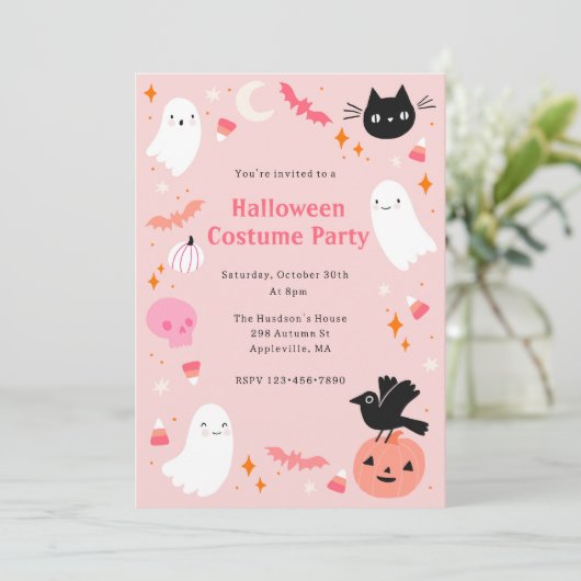 Roze Halloween Kostuum Party Kaart (Staand voorkant)