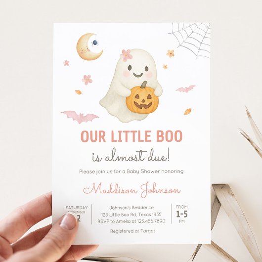 Roze Halloween Little Boo Baby shower Kaart