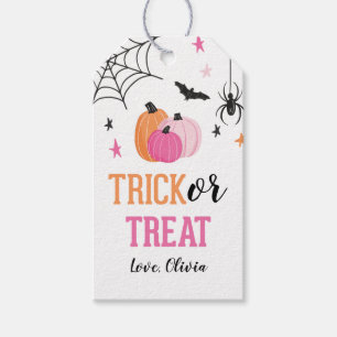 Roze Halloween Trick or Treat Pompoenen en Spinnen Cadeaulabel