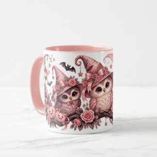 Roze Halloween-uilen Heksenhoeden & Pompoenen Mok
