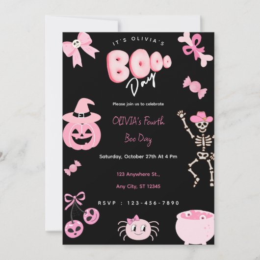 Roze Halloween Verjaardag Meisje Schattige Boo Day Kaart (Voorkant)
