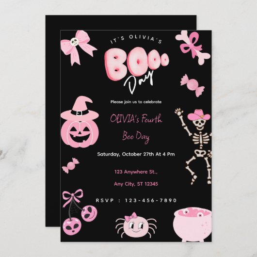 Roze Halloween Verjaardag Meisje Schattige Boo Day Kaart (Voorkant / Achterkant)