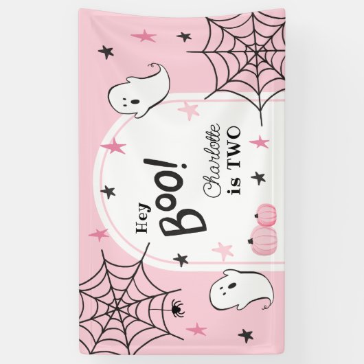 Roze Halloween Verjaardag Schattige Ghost Hey Boo Spandoek (Verticaal)