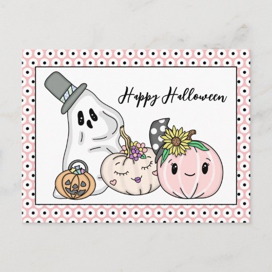 Roze Halloween Whimsical Pumpkins en Boo Briefkaart (Voorkant)