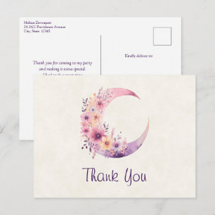 Roze Halve Maan met  Bloemen Bedankt Briefkaart