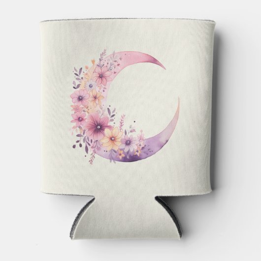 Roze halve maan met bloemen blikjeskoeler (Voorkant)