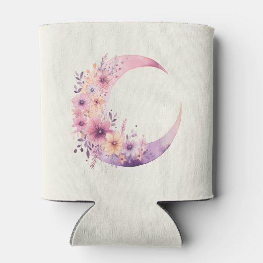 Roze halve maan met  bloemen blikjeskoeler (Achterkant)