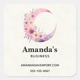 Roze Halve Maan met Bloemen Business Vierkante Sticker
