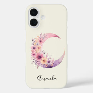 Roze halve maan met  bloemen iPhone 16 hoesje