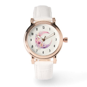Roze halve maan met bloemen horloge