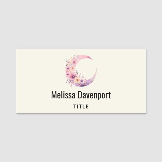 Roze halve maan met  bloemen naamplaatje (Voorkant)