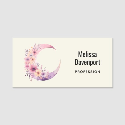 Roze halve maan met  bloemen naamplaatje (Voorkant)