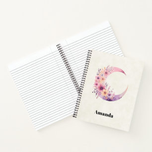 Roze halve maan met  bloemen notitieboek