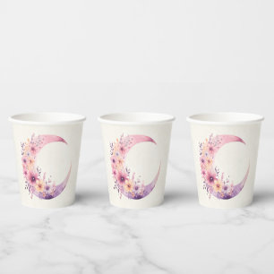 Roze halve maan met bloemen papieren bekers