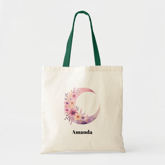 Roze halve maan met bloemen tote bag (Voorkant)