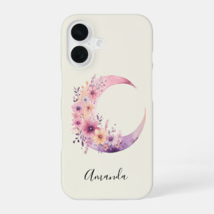 Roze Halve Maan met Mooie Bloemen iPhone 16 Hoesje