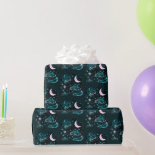 Roze Halve Maan Sterren Hemelblauw Halloween Cadeaupapier
