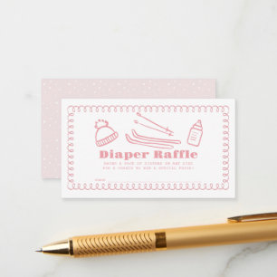 Roze Hand-Drawn Ski Baby Luier Raffle Ticket Informatiekaartje