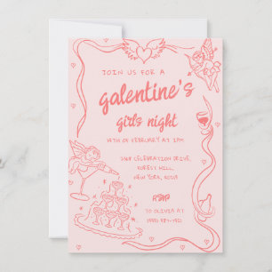 Roze Hand getekend Galentine's Girls Night Party Kaart