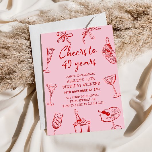 Roze Hand Getekende Funky 40ste Verjaardagsfeestje Kaart