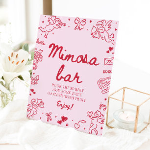 Roze Hand Getekende Moderne Valentijn Mimosa Bar Reclamebord Met Voetstuk