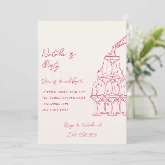 Roze Hand getrokken Champagne Toren Dertig Verjaar Kaart (Staand voorkant)