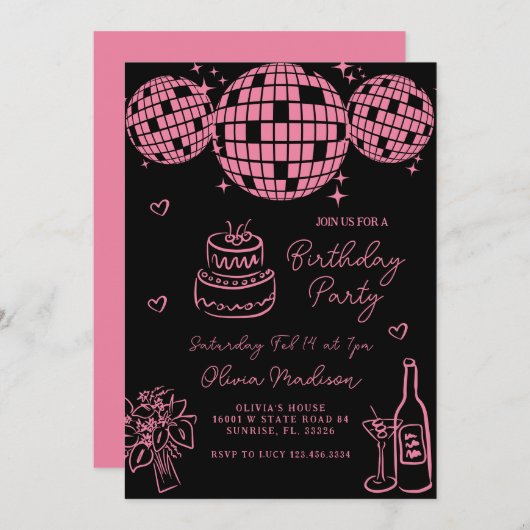 Roze Hand getrokken Disco Ball Champagne Verjaarda Kaart (Voorkant / Achterkant)