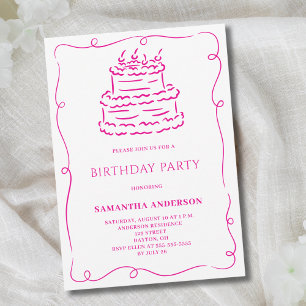 Roze Hand Getrokken Doodle Cake Verjaardagsfeest Kaart